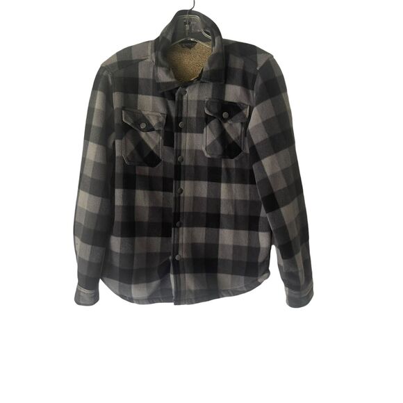 Eddie Bauer Boys Large Grey Black Plaid Fleece Lined Button Up Sweater Shacket - Picture 1 of 10